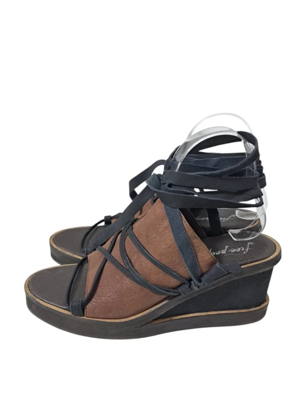 Free People Bowery Leather Lace-up Wedge Boho Sandals Black Brown Sz 39